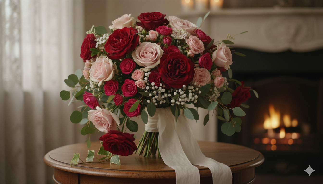 Romantic red and pink rose bouquet arrangement