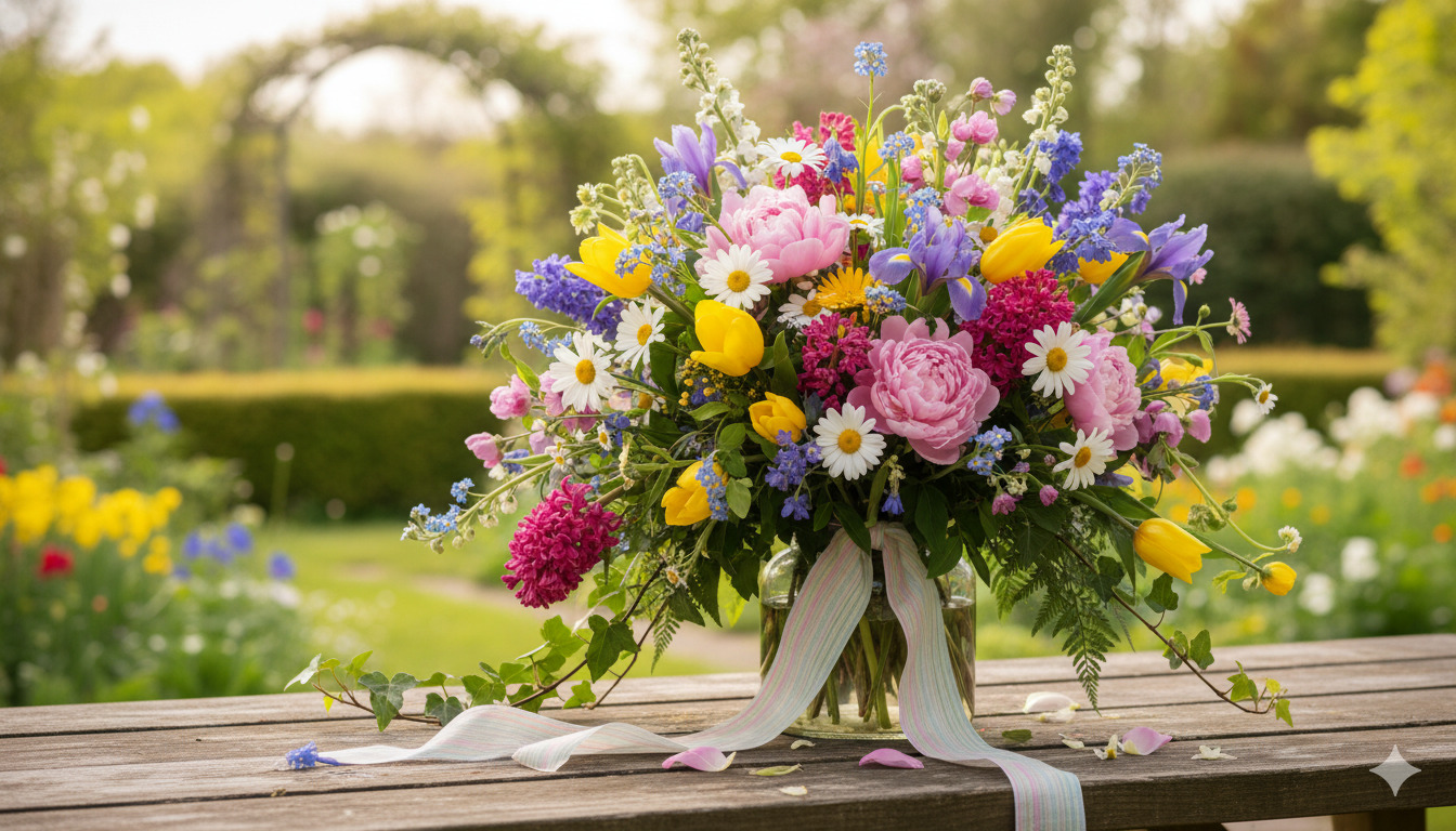 Colorful spring garden bouquet with mixed flowers